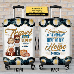 Our Therapy Is Travel - Personalized Luggage Cover - Gift For Couples, Husband Wife