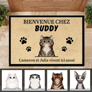 Bienvenue personnalisée à la Maison du Chat French- Funny Personalized Cat Decorative Mat.
