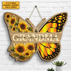 Grandma Butterfly And Kids - Gift For Grandma, Mom - Personalized Shaped Wood Sign.