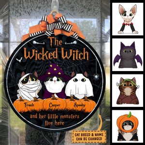 The Wicked Witch And Her Little Monsters Live Here Peeking Cats - Funny Personalized Cat Door Sign.