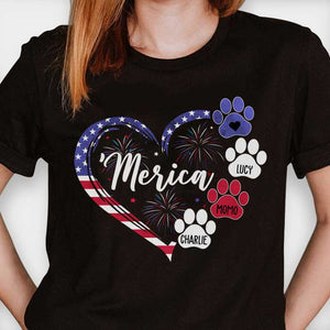 Dog Paw Prints Heart Firework - Gifts For 4th Of July - Personalized Unisex T-Shirt.