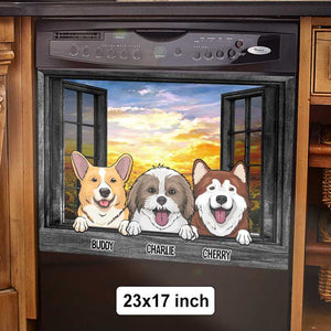 Dogs And Cats By The Windows In The Kitchen - Personalized Dishwasher Cover.